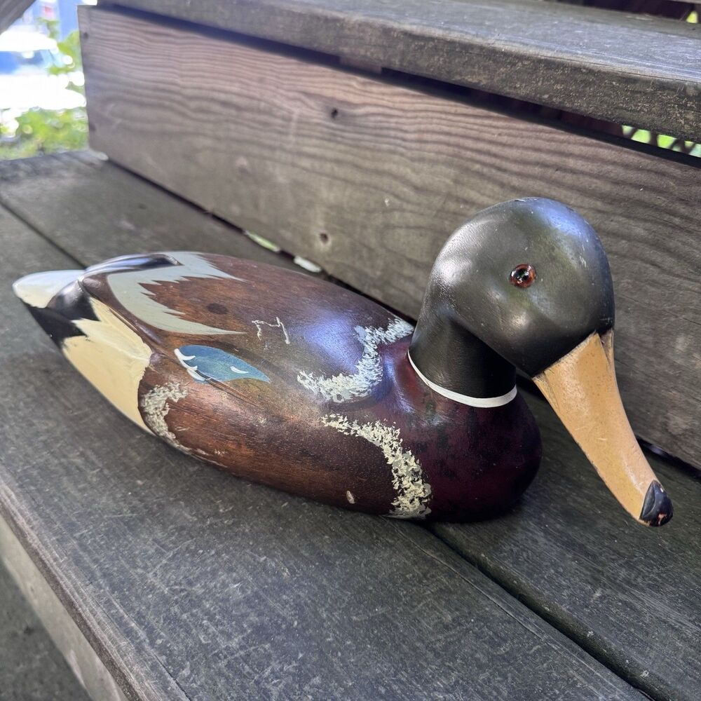 Vintage Wood Hand Carved Painted Mallard Duck Decoy Figure Glass Eyes